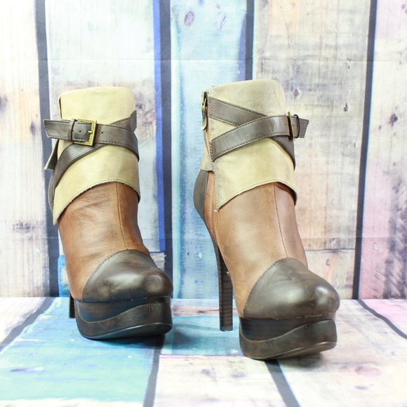 Two Lips Brown Leather Strappy Foldover Flatform Heeled Booties Size 9 - Picture 3 of 10